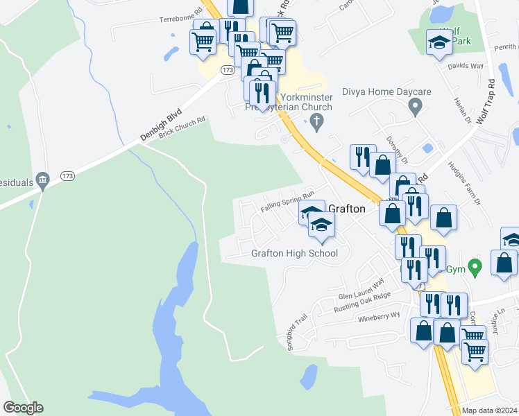 map of restaurants, bars, coffee shops, grocery stores, and more near 100 Barn Swallow Ridge in Yorktown