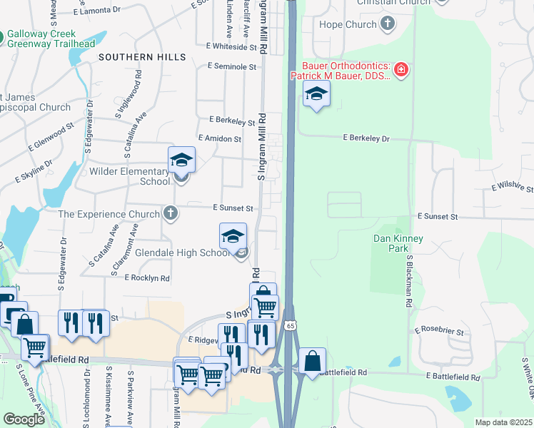 map of restaurants, bars, coffee shops, grocery stores, and more near 3413 East Sunset Street in Springfield