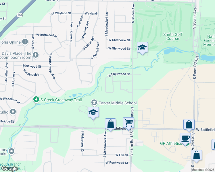 map of restaurants, bars, coffee shops, grocery stores, and more near 2750 South Meadowlark Avenue in Springfield
