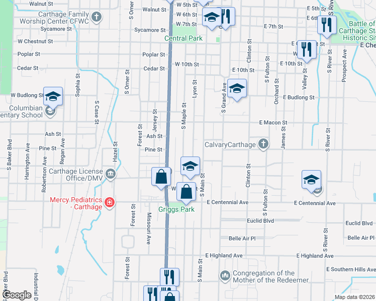 map of restaurants, bars, coffee shops, grocery stores, and more near 1302 S Maple St in Carthage