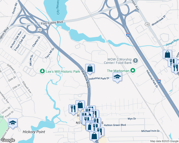 map of restaurants, bars, coffee shops, grocery stores, and more near 9 Reservoir Road in Newport News
