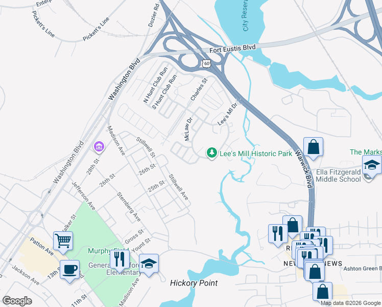 map of restaurants, bars, coffee shops, grocery stores, and more near 834 Rouse Road in Newport News