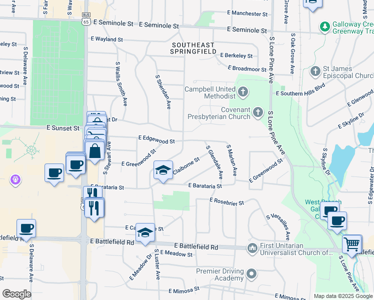 map of restaurants, bars, coffee shops, grocery stores, and more near 2618 South Luster Avenue in Springfield