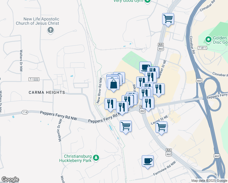 map of restaurants, bars, coffee shops, grocery stores, and more near 782 New River Road in Christiansburg