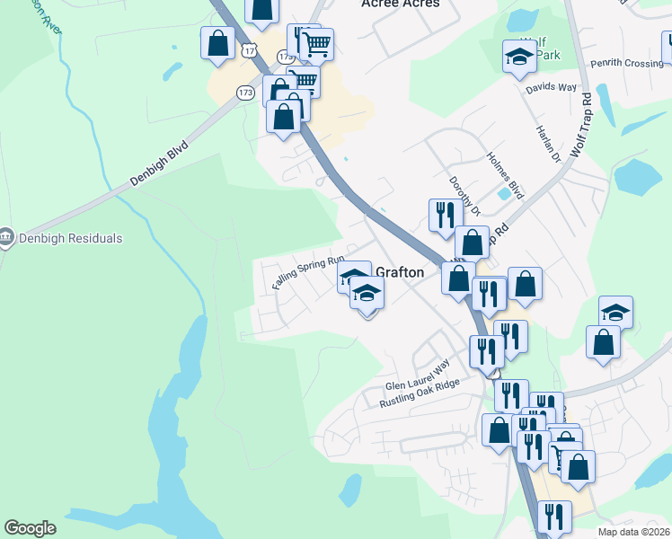map of restaurants, bars, coffee shops, grocery stores, and more near 104 Feathergrass Park in Yorktown