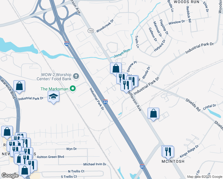 map of restaurants, bars, coffee shops, grocery stores, and more near 13189 Jefferson Avenue in Newport News