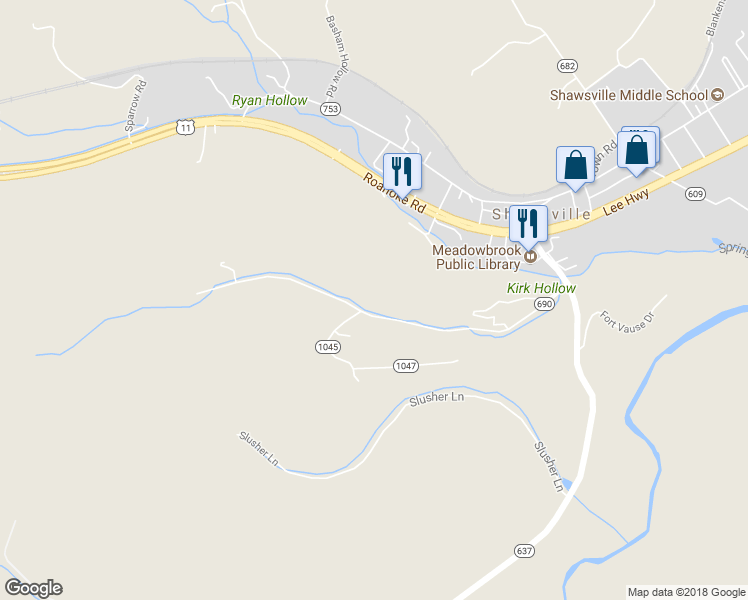 map of restaurants, bars, coffee shops, grocery stores, and more near 3730 Kirk Hollow Road in Shawsville