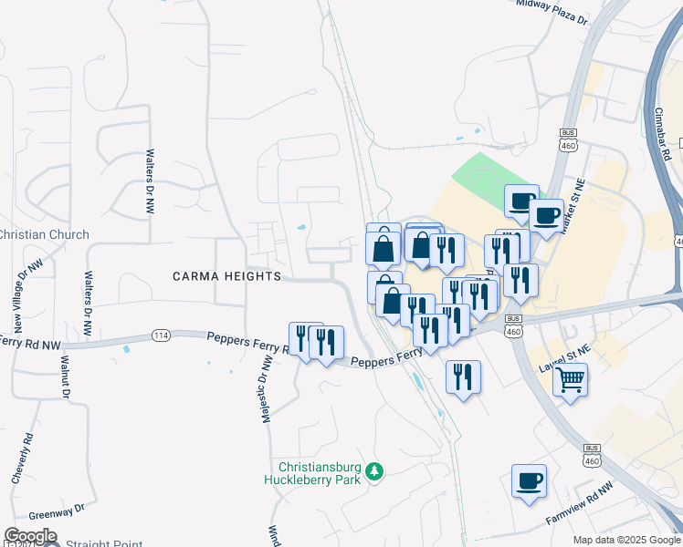 map of restaurants, bars, coffee shops, grocery stores, and more near 107 Patriot Way in Christiansburg