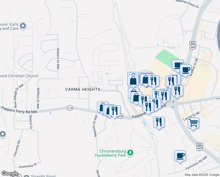map of restaurants, bars, coffee shops, grocery stores, and more near 215 Patriot Way in Christiansburg