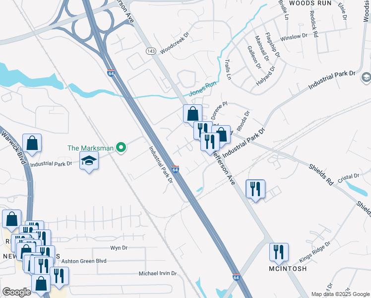 map of restaurants, bars, coffee shops, grocery stores, and more near 13189 Jefferson Avenue in Newport News