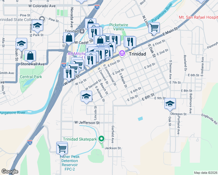 map of restaurants, bars, coffee shops, grocery stores, and more near 210 West 3rd Street in Trinidad