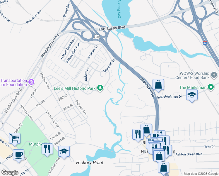 map of restaurants, bars, coffee shops, grocery stores, and more near 352 Rivers Ridge Circle in Newport News