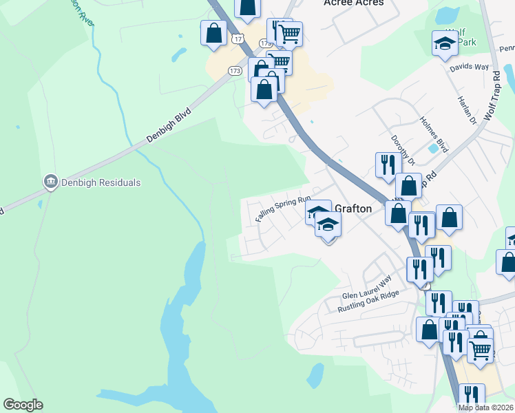 map of restaurants, bars, coffee shops, grocery stores, and more near 109 Barn Swallow Ridge in Yorktown