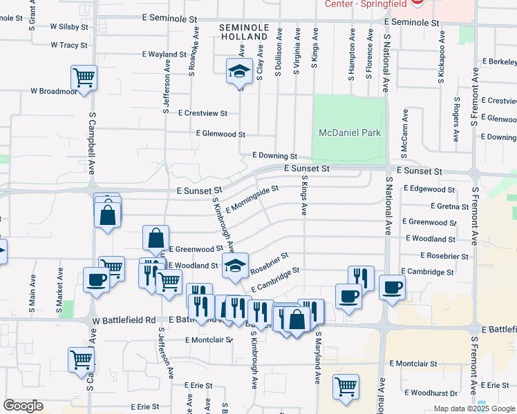 map of restaurants, bars, coffee shops, grocery stores, and more near 2700-2748 South Dollison Avenue in Springfield