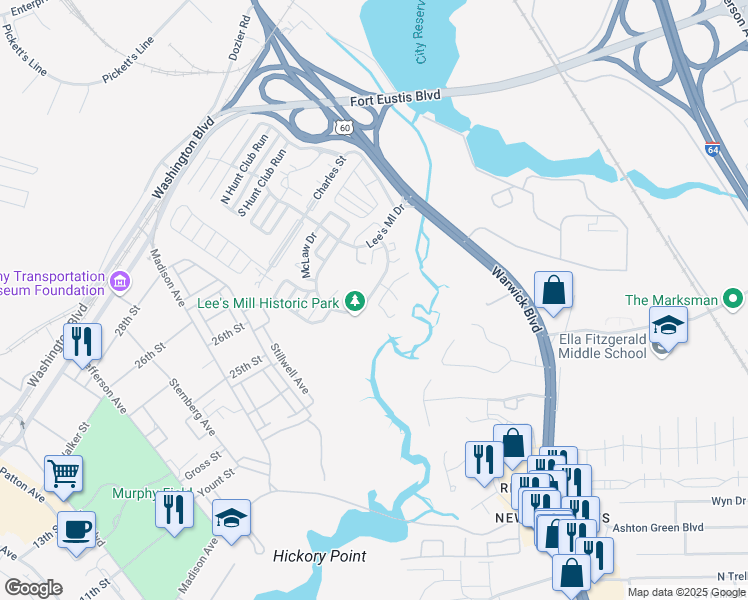 map of restaurants, bars, coffee shops, grocery stores, and more near 356 Rivers Ridge Circle in Newport News