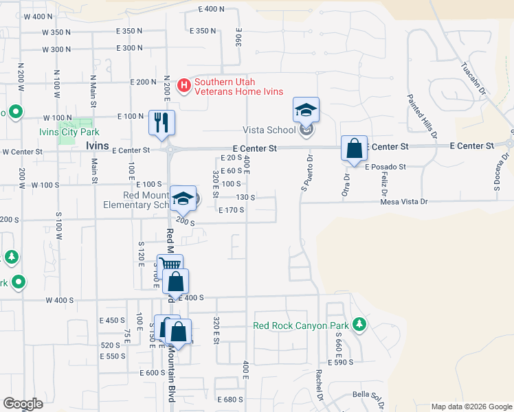map of restaurants, bars, coffee shops, grocery stores, and more near 425 East 165 South in Ivins