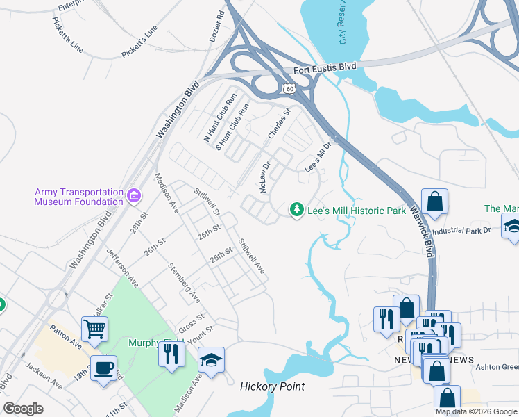 map of restaurants, bars, coffee shops, grocery stores, and more near 834 Rouse Road in Newport News