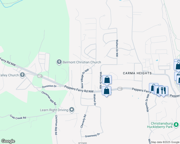 map of restaurants, bars, coffee shops, grocery stores, and more near 100-150 Bozeman Trail Northwest in Christiansburg