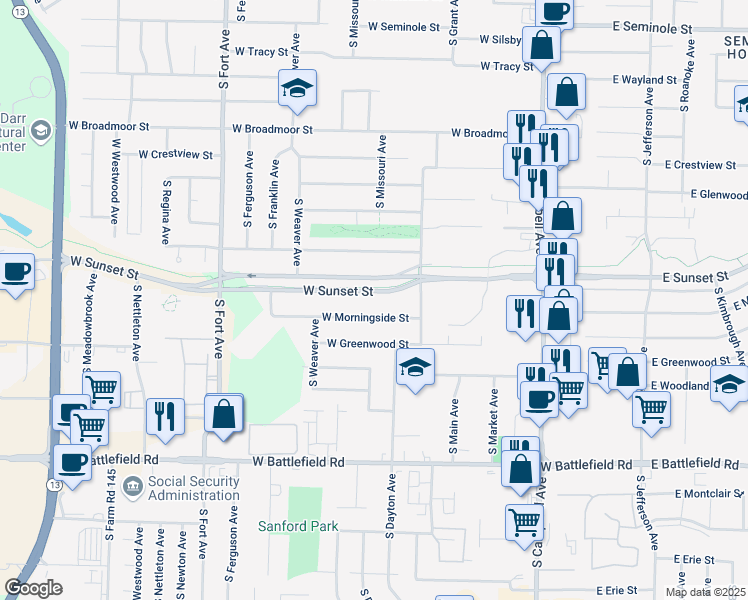 map of restaurants, bars, coffee shops, grocery stores, and more near 836 West Sunset Street in Springfield