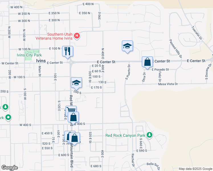 map of restaurants, bars, coffee shops, grocery stores, and more near 425 East 165 South in Ivins