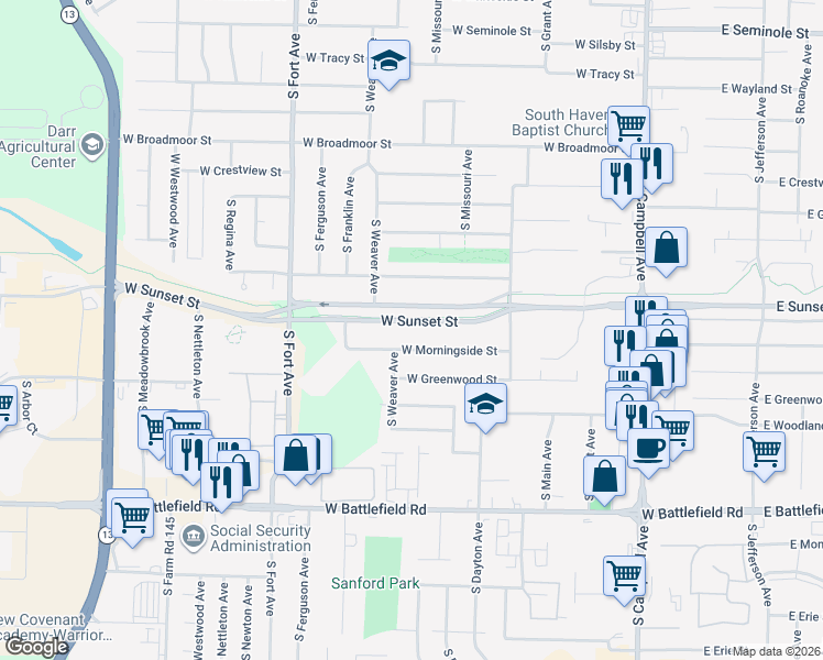 map of restaurants, bars, coffee shops, grocery stores, and more near 938 West Sunset Street in Springfield