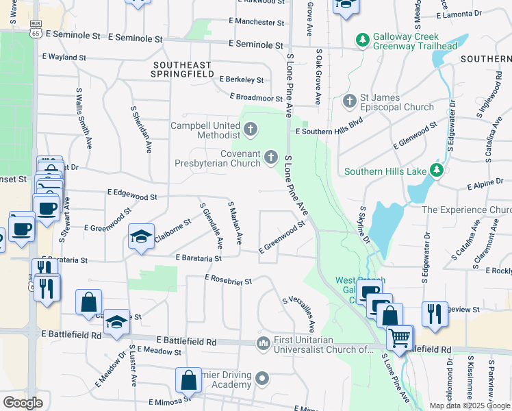 map of restaurants, bars, coffee shops, grocery stores, and more near 2415 East Edgewood Street in Springfield