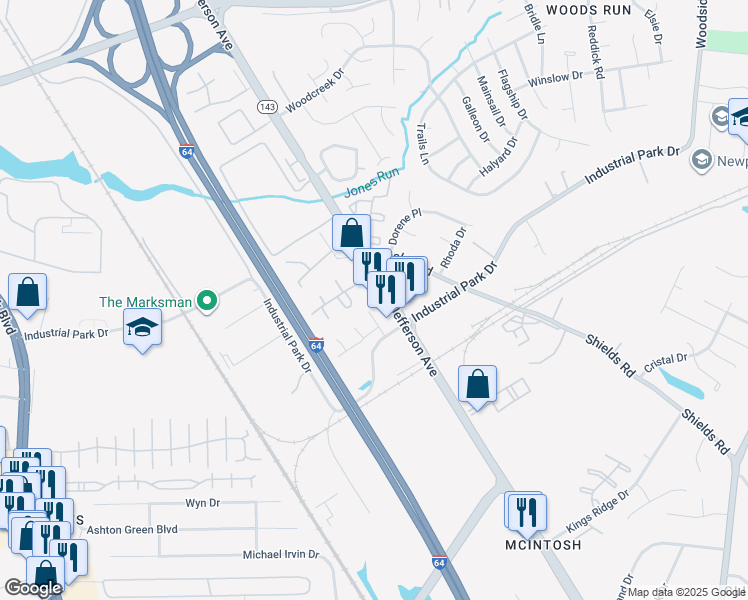 map of restaurants, bars, coffee shops, grocery stores, and more near 13175 Jefferson Avenue in Newport News