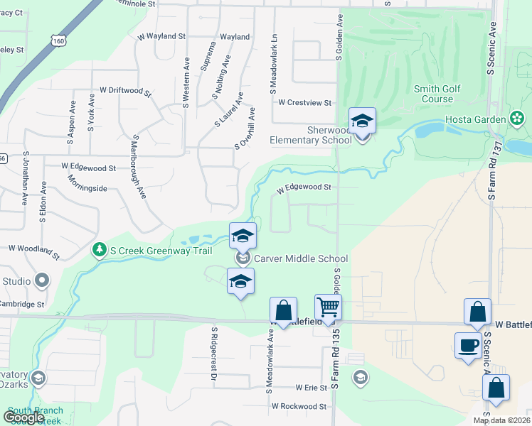 map of restaurants, bars, coffee shops, grocery stores, and more near 2750 South Meadowlark Avenue in Springfield