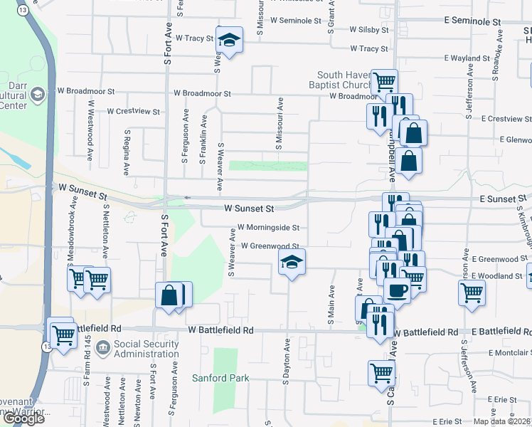 map of restaurants, bars, coffee shops, grocery stores, and more near 902 West Sunset Street in Springfield