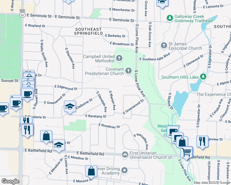 map of restaurants, bars, coffee shops, grocery stores, and more near 2415 East Edgewood Street in Springfield