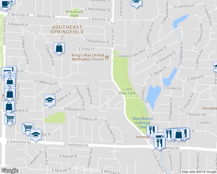 map of restaurants, bars, coffee shops, grocery stores, and more near 2453 East Edgewood Street in Springfield