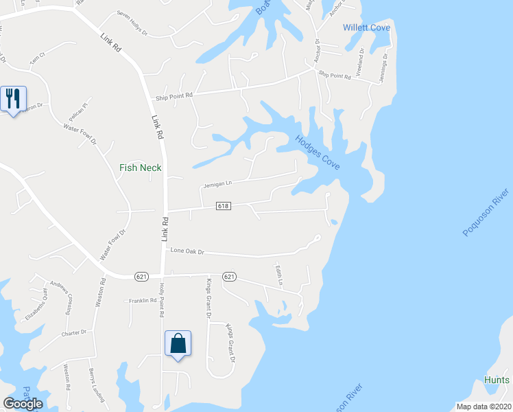 map of restaurants, bars, coffee shops, grocery stores, and more near 305 Hodges Cove Road in Yorktown