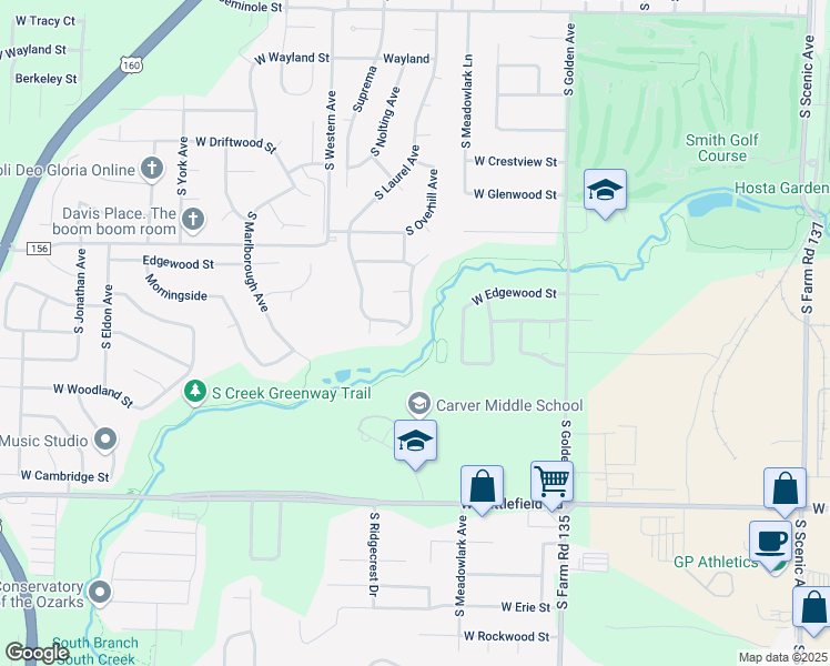 map of restaurants, bars, coffee shops, grocery stores, and more near S Creek Greenway Trail in Springfield