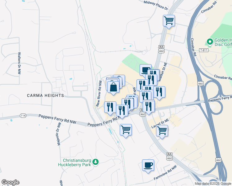 map of restaurants, bars, coffee shops, grocery stores, and more near 782 New River Road in Christiansburg