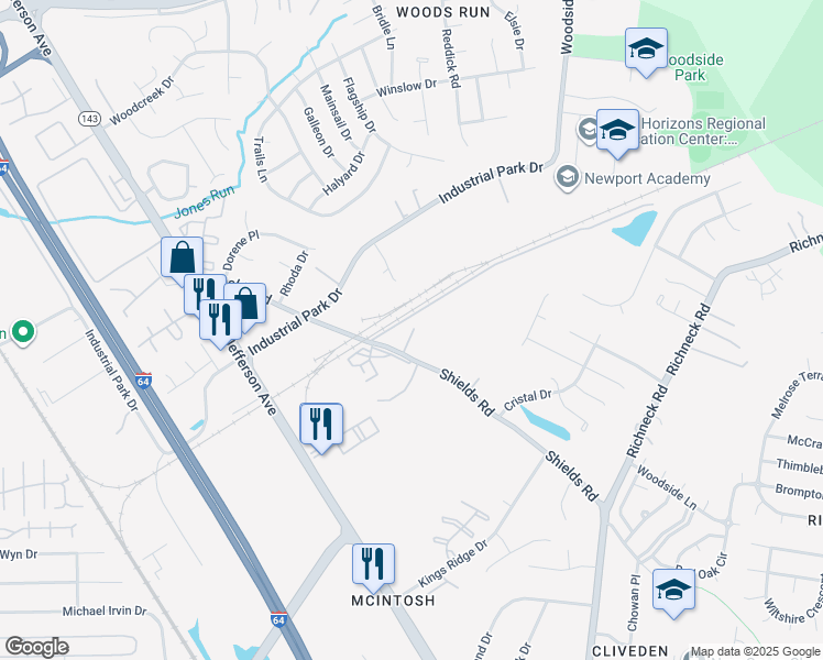 map of restaurants, bars, coffee shops, grocery stores, and more near 701 Shields Road in Newport News