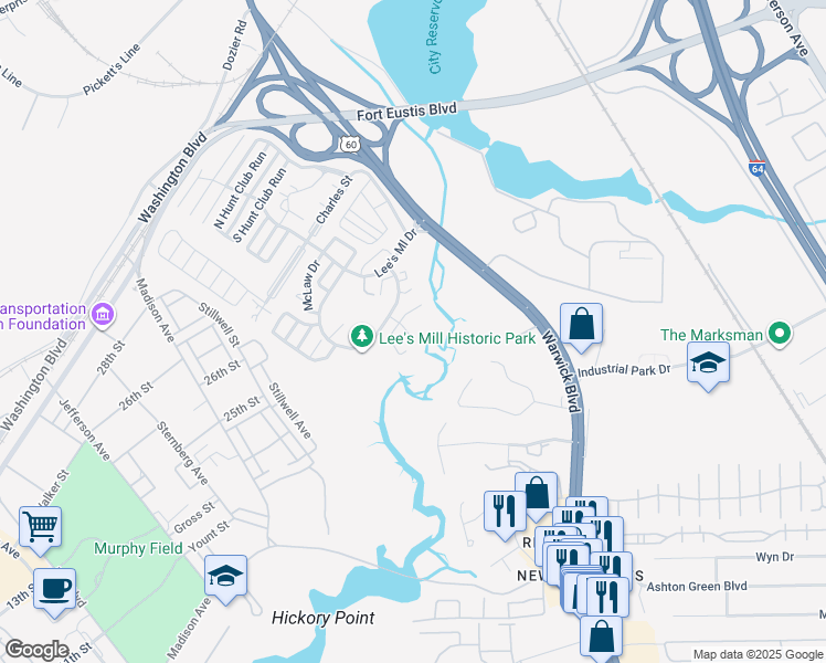 map of restaurants, bars, coffee shops, grocery stores, and more near 378 Rivers Ridge Circle in Newport News