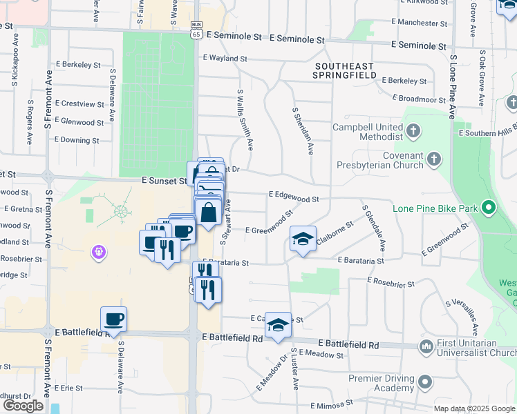 map of restaurants, bars, coffee shops, grocery stores, and more near 2652 South Wallis Smith Avenue in Springfield