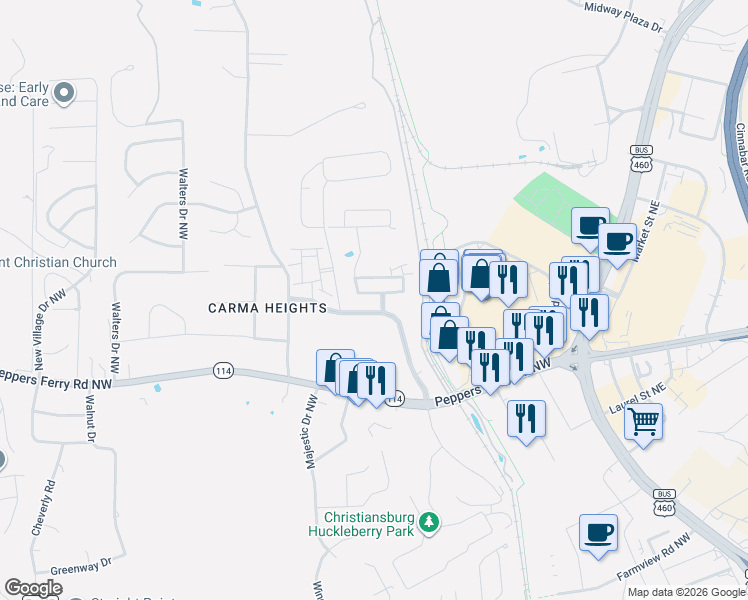 map of restaurants, bars, coffee shops, grocery stores, and more near 215 Patriot Way in Christiansburg