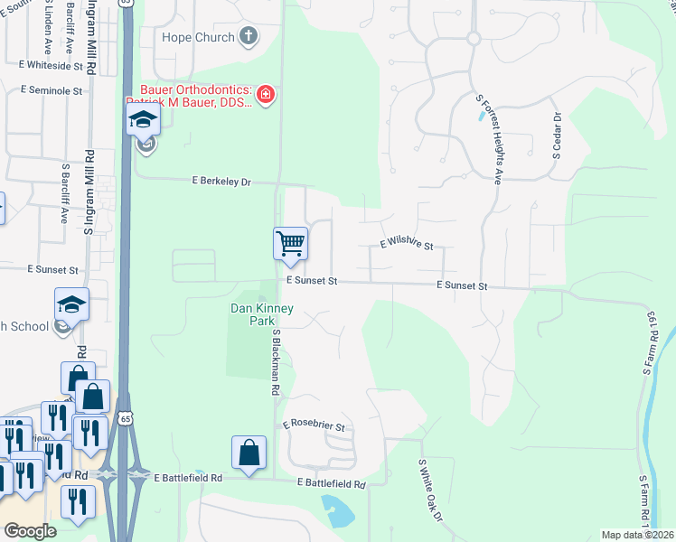 map of restaurants, bars, coffee shops, grocery stores, and more near 2566 South Brandon Avenue in Springfield