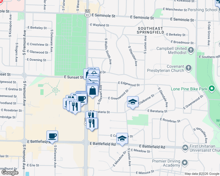 map of restaurants, bars, coffee shops, grocery stores, and more near 1903 East Gretna Street in Springfield