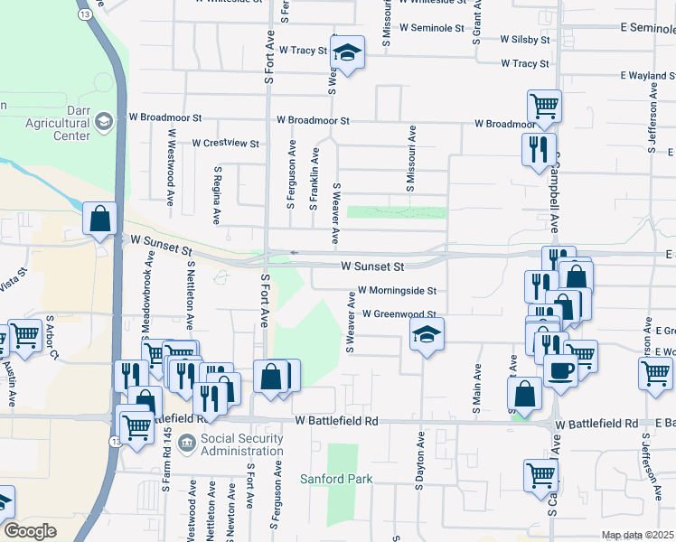 map of restaurants, bars, coffee shops, grocery stores, and more near 1034 West Sunset Street in Springfield