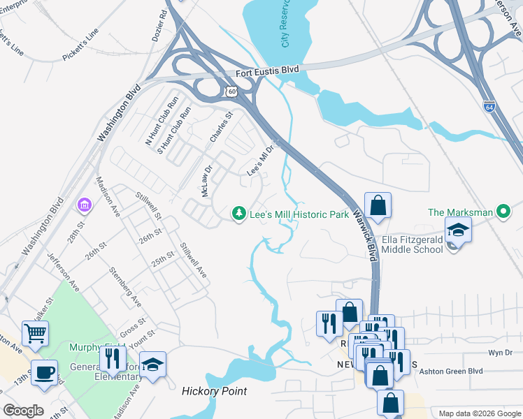 map of restaurants, bars, coffee shops, grocery stores, and more near 356 Rivers Ridge Circle in Newport News
