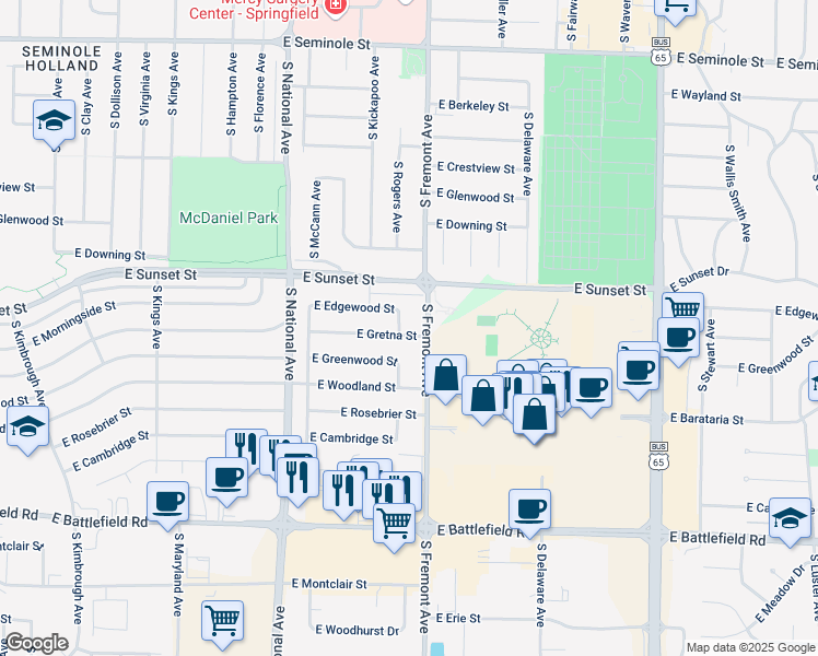 map of restaurants, bars, coffee shops, grocery stores, and more near 1342 East Gretna Street in Springfield