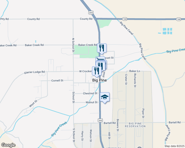 map of restaurants, bars, coffee shops, grocery stores, and more near 170 Flower Alley in Big Pine
