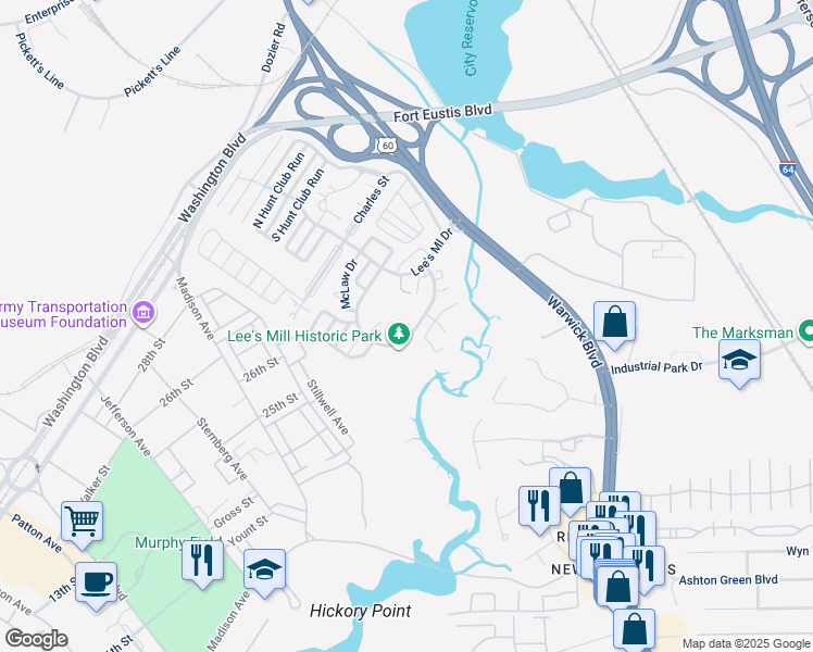 map of restaurants, bars, coffee shops, grocery stores, and more near 356 Rivers Ridge Circle in Newport News