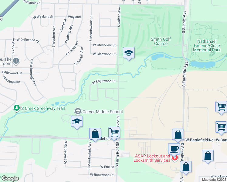 map of restaurants, bars, coffee shops, grocery stores, and more near 2743 South Malley Court in Springfield