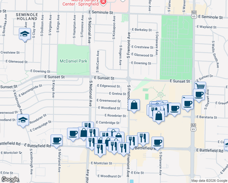 map of restaurants, bars, coffee shops, grocery stores, and more near 1278 East Gretna Street in Springfield