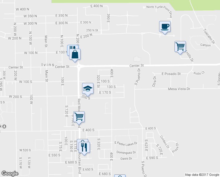 map of restaurants, bars, coffee shops, grocery stores, and more near 382 East 130 South in Ivins