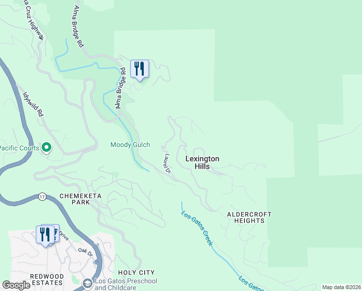 map of restaurants, bars, coffee shops, grocery stores, and more near Locust Drive & Panorama Drive in Los Gatos