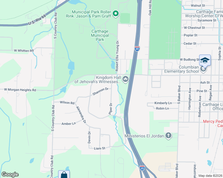 map of restaurants, bars, coffee shops, grocery stores, and more near 1301 Piper Drive in Carthage